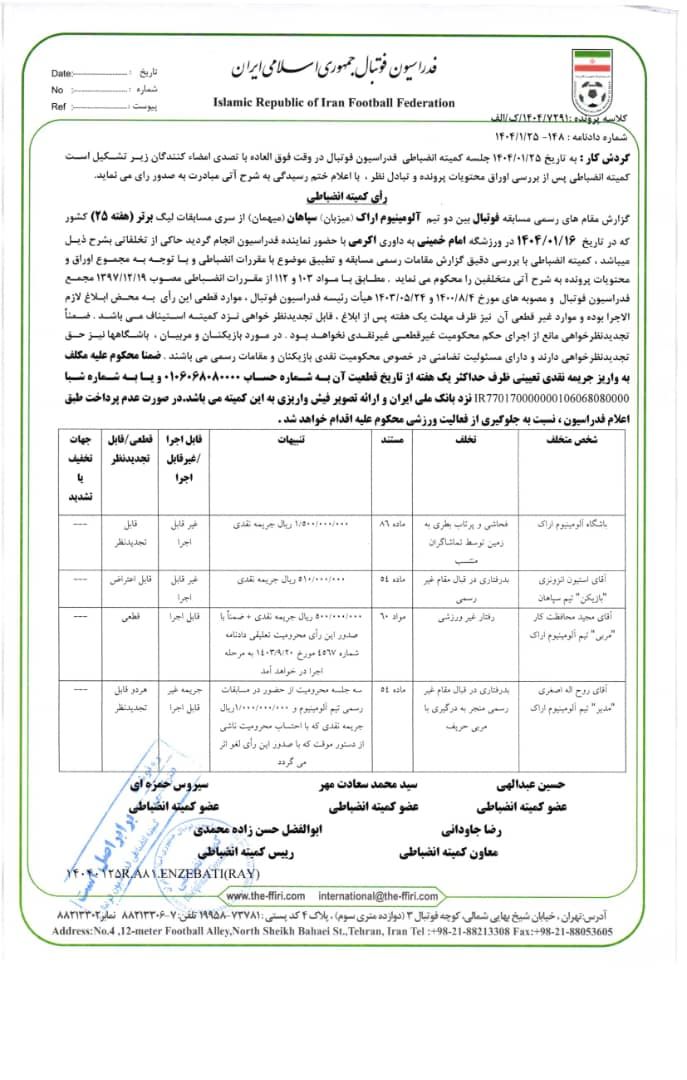 احکام کمیته انضباطی برای دیدار آلومینیوم - سپاهان