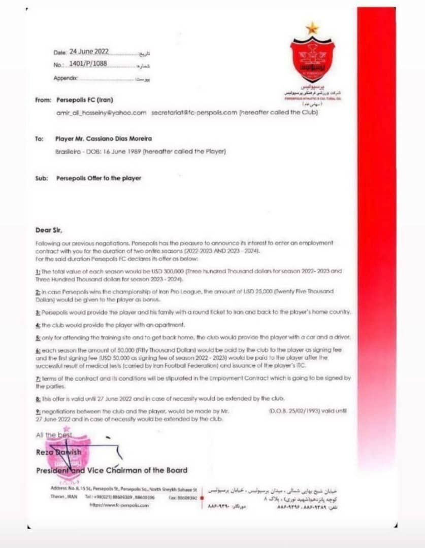 جزئیات قرارداد کاسیانو با پرسپولیس
