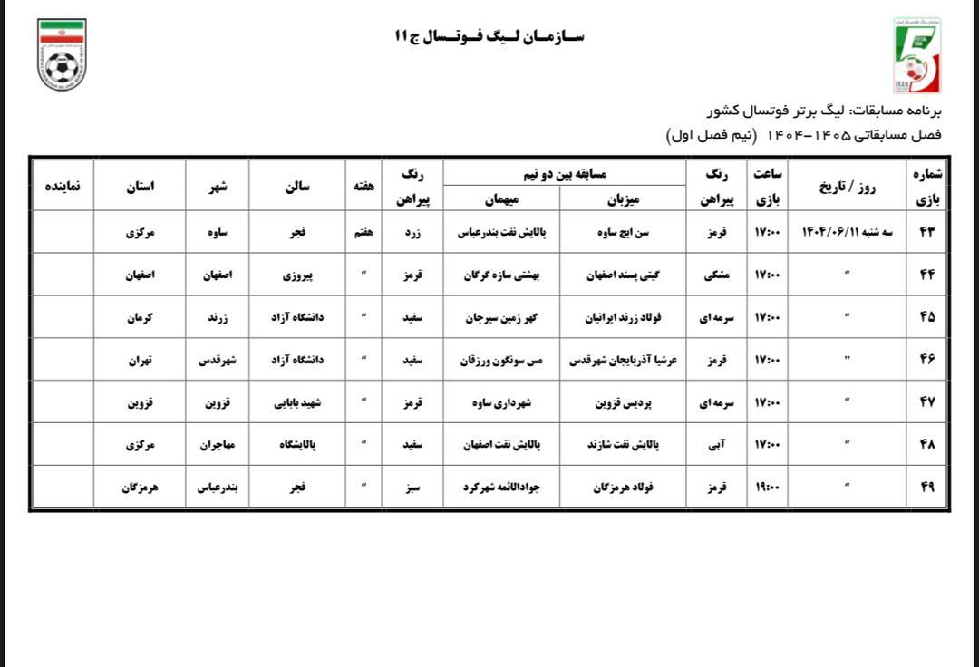 اعلام برنامه نیم فصل اول لیگ برتر فوتسال