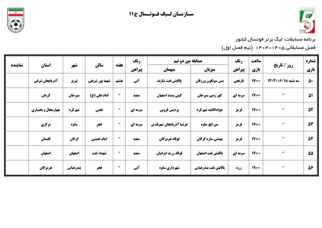 اعلام برنامه نیم فصل اول لیگ برتر فوتسال