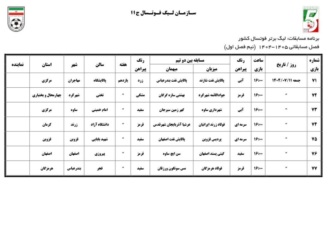 اعلام برنامه نیم فصل اول لیگ برتر فوتسال