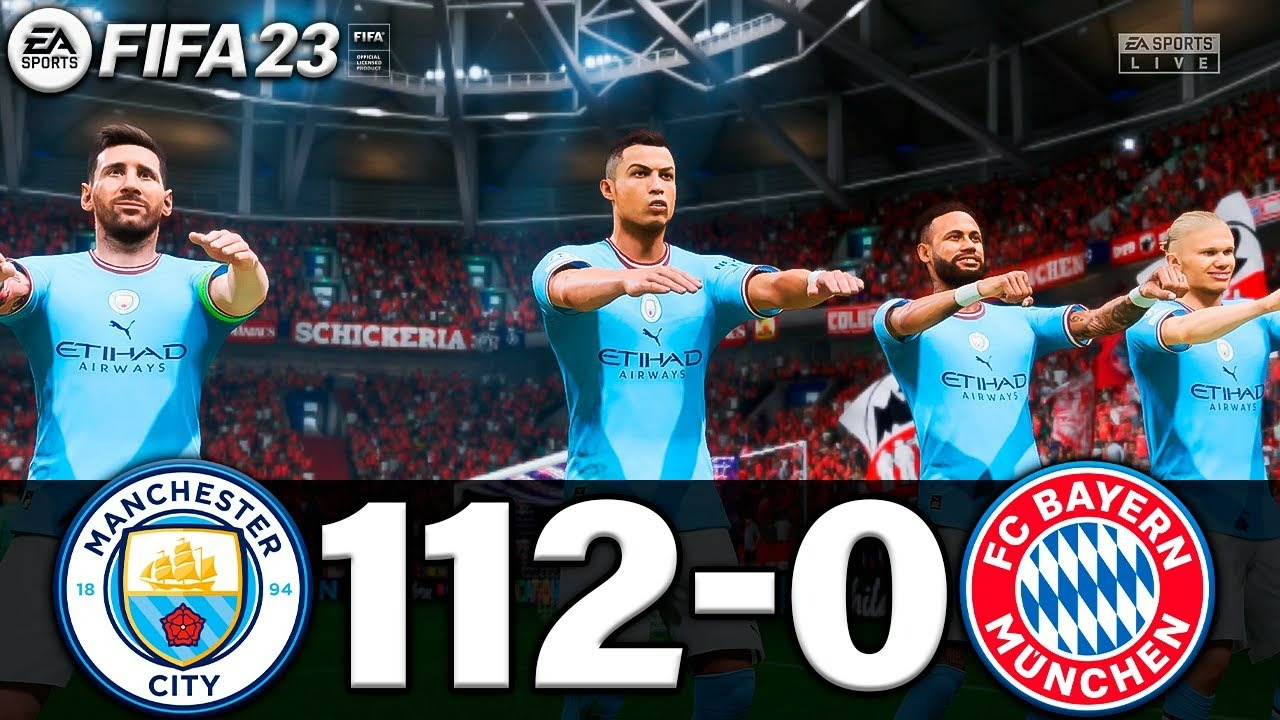 بازی پلی استیشنی فیفا 23 بین منتخب جهان (با پیراهن منچسترسیتی) و بایرن مونیخ