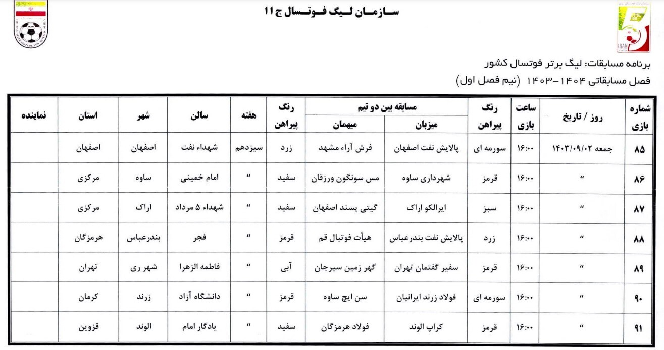 اعلام برنامه هفته هفتم تا سیزدهم لیگ برتر فوتسال