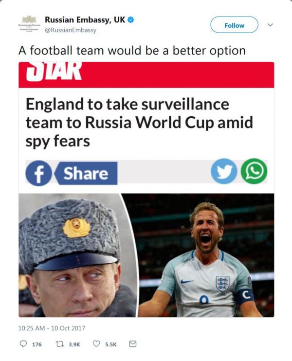 کنایه سفارت روسیه به تیم ملی انگلیس عکس