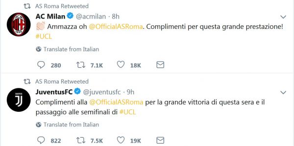  تبریک باشگاه‌های ایتالیایی به رم برای حماسه سازی  عکس