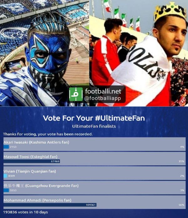  در پایان نظرسنجی AFC برای انتخاب برترین تصویر از هواداران فوتبال در آسیا، عکس هوادار پرسپولیس و استقلال با 109361 و 67460 رأی به ترتیب اول و دوم شدند