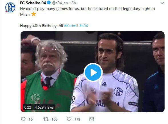  توییتر باشگاه شالکه با انتشار فیلم لحظه تعویض کریمی و رائول نوشت  او برای ما خیلی بازی نکرد اما در شب تاریخی میلان حضور یافت  تولد 40 سالگی ات مبارک، علی کریمی  این عکس را سایت ورزش سه منتشر کرده است