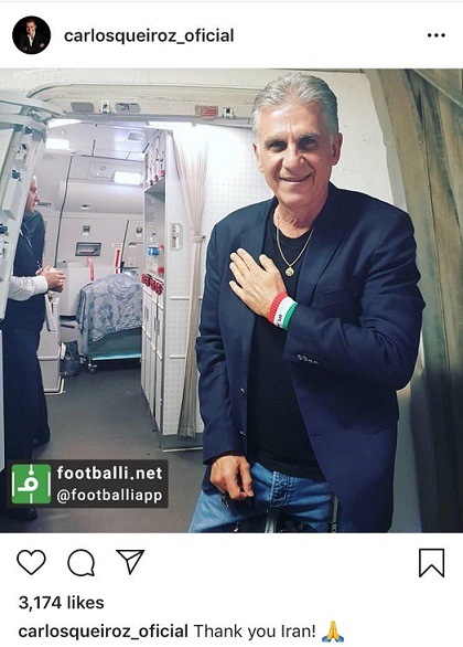  کارلوس کی‌روش پس از ترک ایران با انتشار این عکس در اینستاگرام خود نوشت  ایران متشکرم