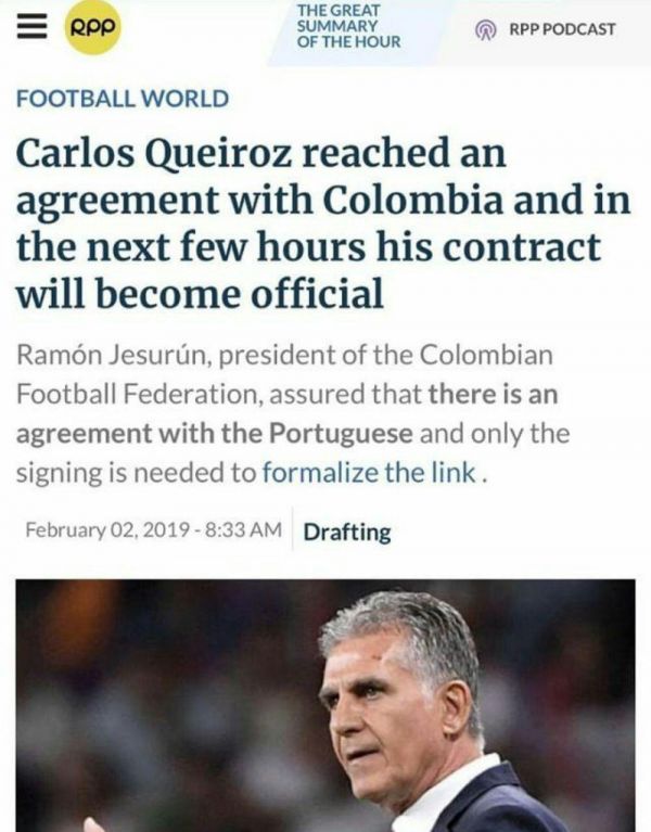  کارلوس کی روش با تیم کلمبیا به توافق رسید و طبق اعلام رسانه های کلمبیایی تا ساعاتی دیگر قراردادش رسمی می شود