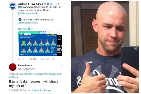  یکی از هواداران تیم برایتون مدعی شده بود اگر علیرضا جهانبخش در بازی برابر بورنموث موفق به گلزنی شود، موهای خود را از ته می تراشد  حالا این هوادار به وعده خود عمل کرد و موهای خود را تراشید