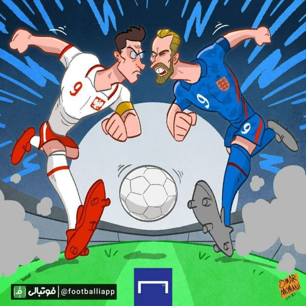  کاریکاتور عمر مومنی برای دیدار امشب دو تیم انگلیس و لهستان؛ کین در مقابل لواندوفسکی