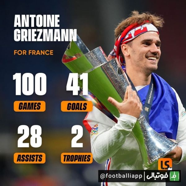  اینفوگرافی  عملکرد و افتخارات آنتوان گزیزمان در تیم ملی فرانسه به بهانه صدمین بازی ملی‌اش