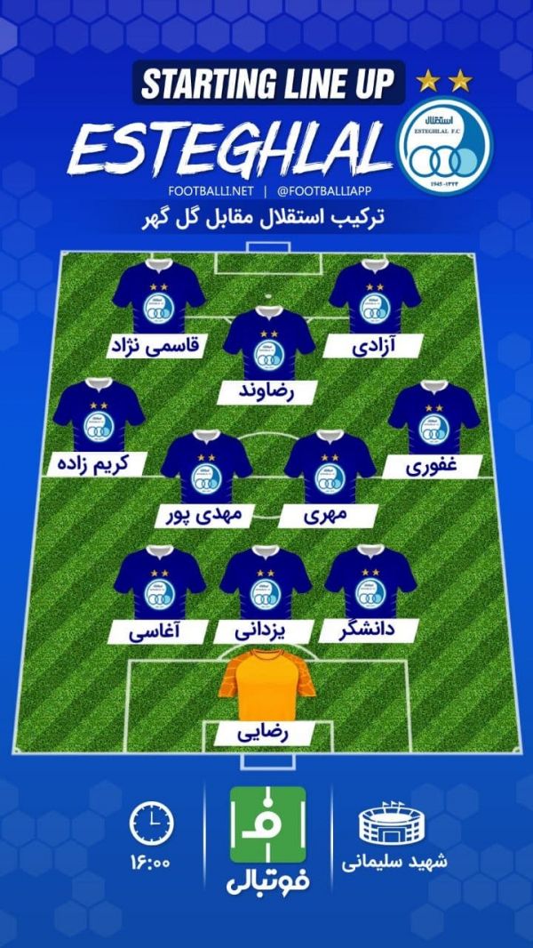  شماتیک جدید ترکیب استقلال مقابل گل‌گهر  به دلیل ممانعت مسئول برگزاری بازی استقلال و گل‌گهر از حضور یامگا و ژستد، امین قاسمی‌نژاد و محمدرضا آزادی به جای این دو بازیکن در این مصاف به میدان می‌روند
