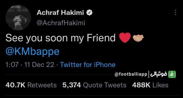  بزودی میبینمت دوست من؛ توییت اشرف حکیمی خطاب به کیلیان امباپه در آستانه تقابل مراکش و فرانسه در نیمه‌نهایی جام جهانی ۲۰۲۲