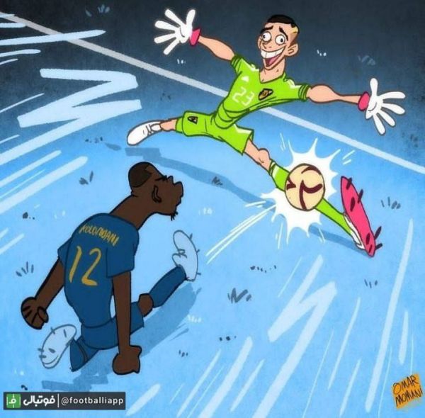  طرح عمرمومنی کاریکاتوریست اردنی سایت گل از سیو فوق‌العاده امیلیانو مارتینز در لحظات پایانی دیدار آرژانتین - فرانسه که قهرمان جام را عوض کرد