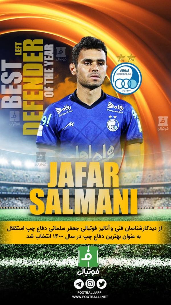  از دید کارشناسان فنی و آنالیز فوتبالی جعفر سلمانی دفاع چپ استقلال به عنوان بهترین دفاع چپ در سال ۱۴۰۰ انتخاب شد