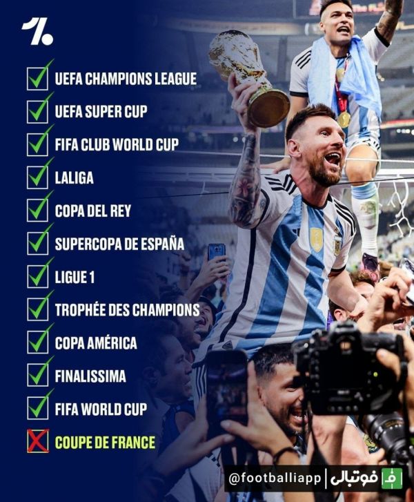  اینفوگرافی  جای خالی جام حذفی فرانسه در بین افتخارات لیونل مسی