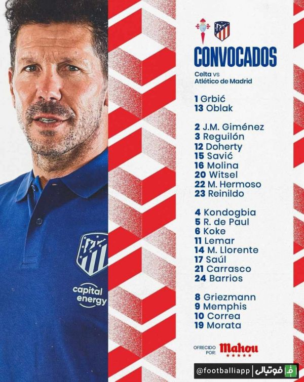  لیست اتلتیکو مادرید برای دیدار امشب مقابل سلتاویگو