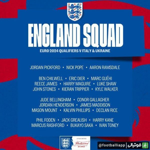  لیست تیم ملی انگلیس برای بازی‌های فیفادی پیش رو