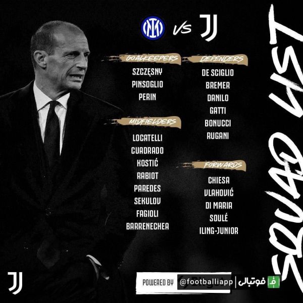  نفرات دعوت شده یوونتوس برای دیدار امشب مقابل اینتر