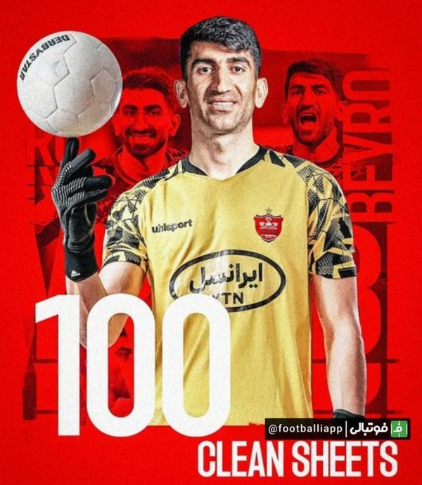 پوستر باشگاه پرسپولیس برای رکورد علیرضا بیرانوند با ثبت صدمین کلین‌شیت در تاریخ لیگ برتر