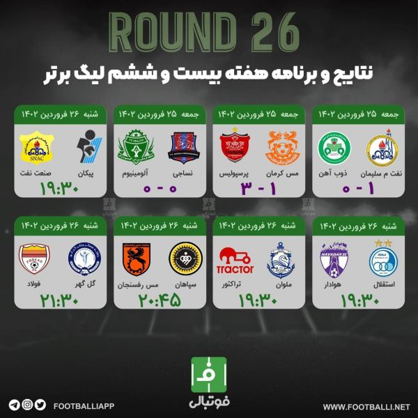  اختصاصی  نتایج و برنامه هفته بیست و ششم لیگ برتر فوتبال ایران