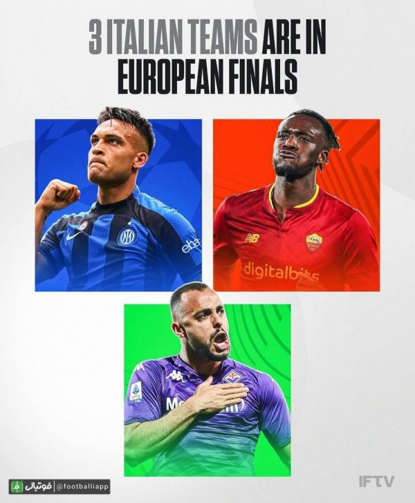  اینفوگرافی  با حضور اینتر در فینال لیگ قهرمانان اروپا و حضور رم در فینال لیگ اروپا و حضور فیورنتینا در فینال لیگ کنفرانس اروپا، تیم‌های ایتالیایی شانس دارند در هر سه رقابت اروپایی قهرمان شوند