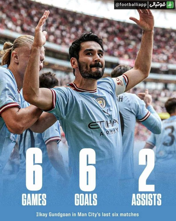  اینفوگرافی  عملکرد ایلکای گوندوغان در 6 بازی اخیر منچسترسیتی