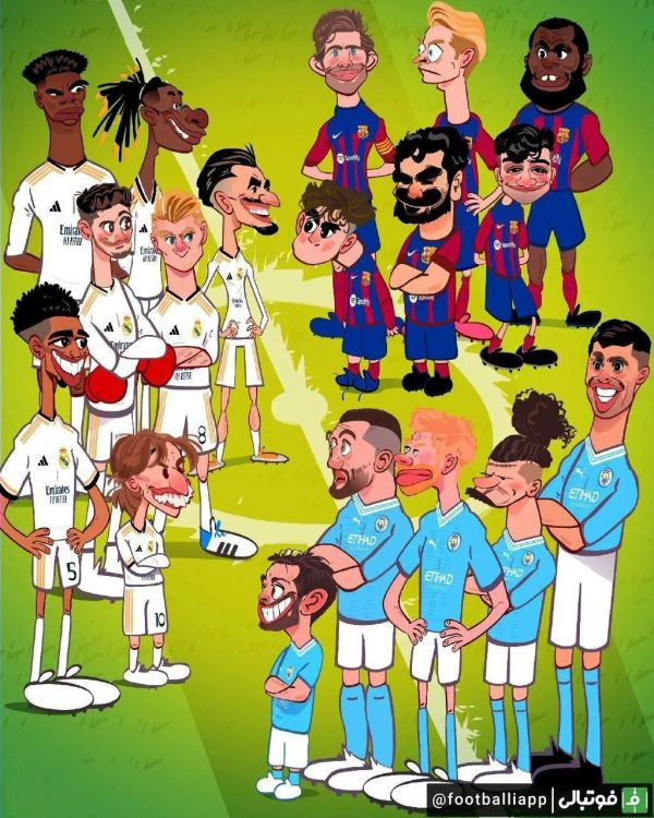  کاریکاتور  وضعیت خط هافبک منچستر سیتی، رئال مادرید و بارسلونا سه تیم مدعی قهرمانی لیگ قهرمانان اروپا فصل آینده به روایت کاریکاتور