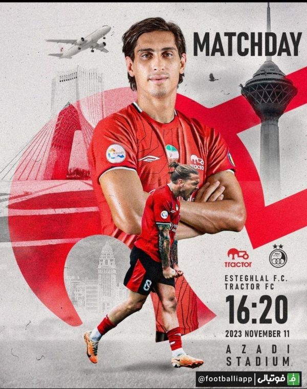 پوستر تراکتور برای بازی امروز مقابل استقلال با تصویری از محمد نادری، مدافع سابق تیم رقیب