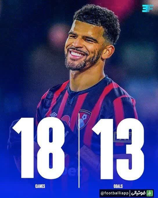  اینفوگرافی عملکرد درخشان دومینیک سولانکه، مهاجم فعلی بورنموث و سابق لیورپول در این فصل لیگ برتر انگلیس   18 بازی  13 گل