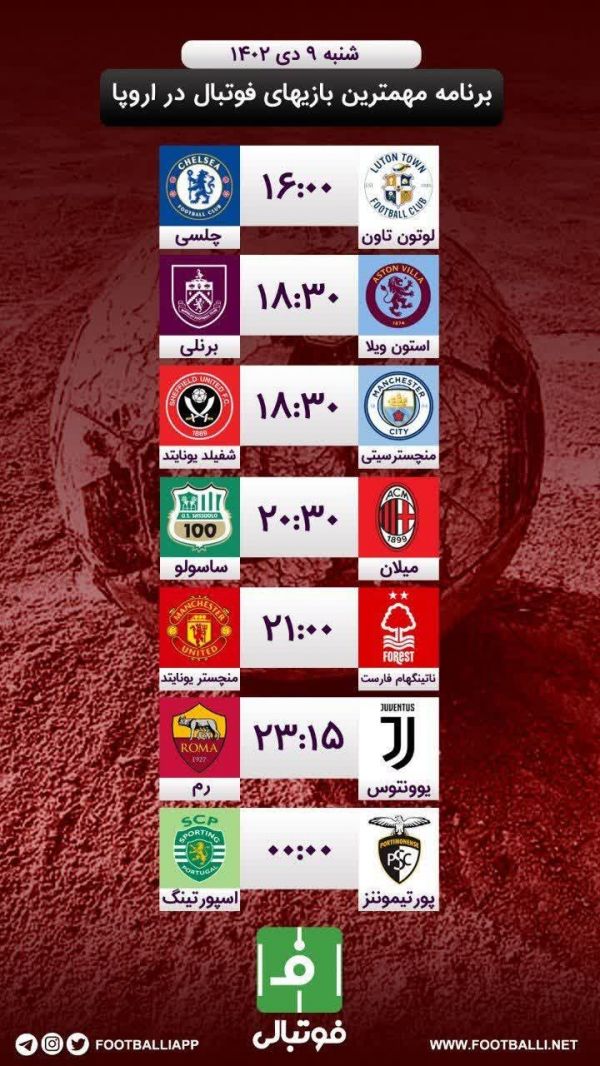  اختصاصی فوتبالی  برنامه مهم‌ترین بازی‌های فوتبال در اروپا