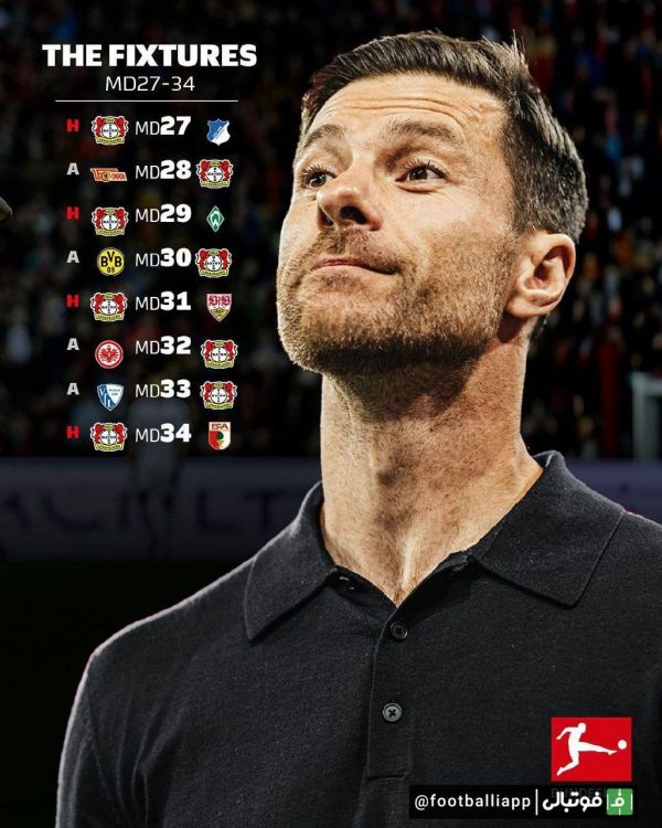  اینفوگرافی  بازی‌های باقی‌ مانده بایر لورکوزن در بوندسلیگا  از حالا ژابی را قهرمان آلمان بدانیم