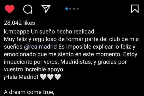  پست کیلیان امباپه در شبکه اجتماعی خود پس از پیوستن به رئال مادرید
