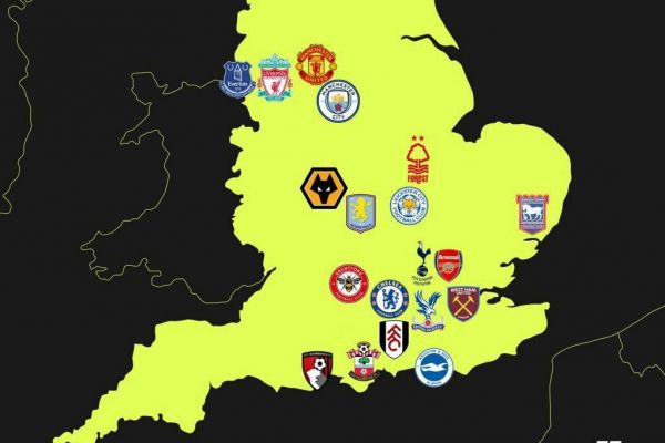  نقشه پراکندگی تیم های حاضر در فصل جدید لیگ برتر انگلیس
