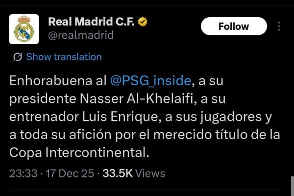  پیام تبریک رئال مادرید به پاری سن ژرمن پس از کسب شش‌گانه