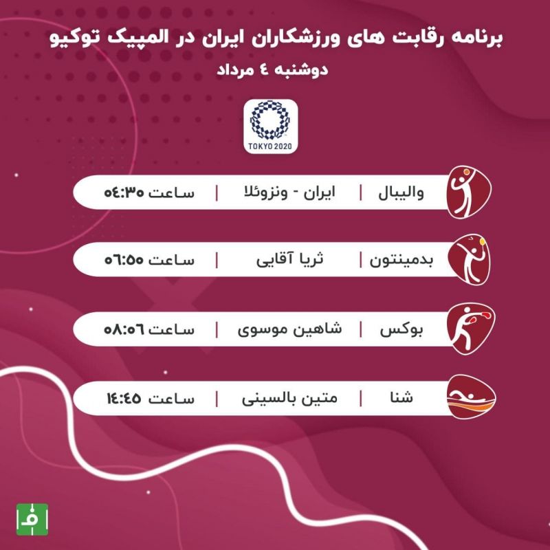 برنامه نمایندگان کاروان ورزش ایران در روز چهارم المپیک توکیو