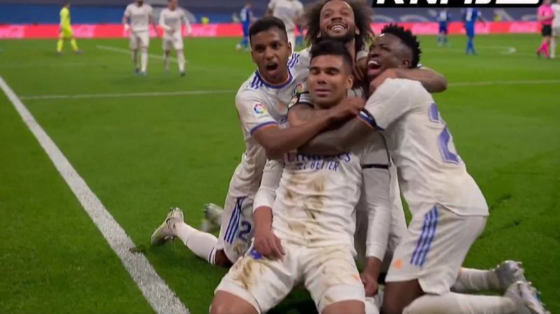 عکس؛ خوشحالی دستهجمعی برزیلیهای رئال مادرید پس از گل کاسمیرو