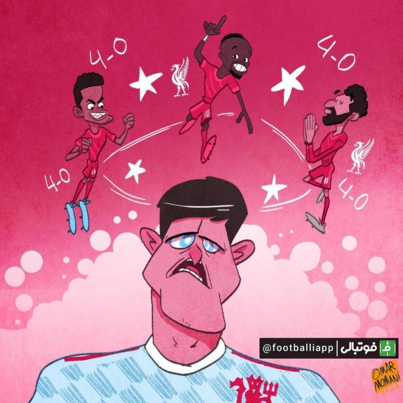 کاریکاتور عمر مومنی از ناتوانی هری مگوایر در مهار خط حمله مرگبار لیورپول