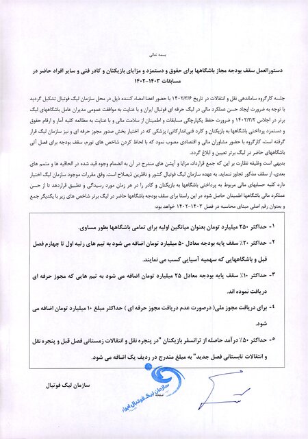 سقف بودجه به باشگاه‌ها ابلاغ شد (تصاویر)