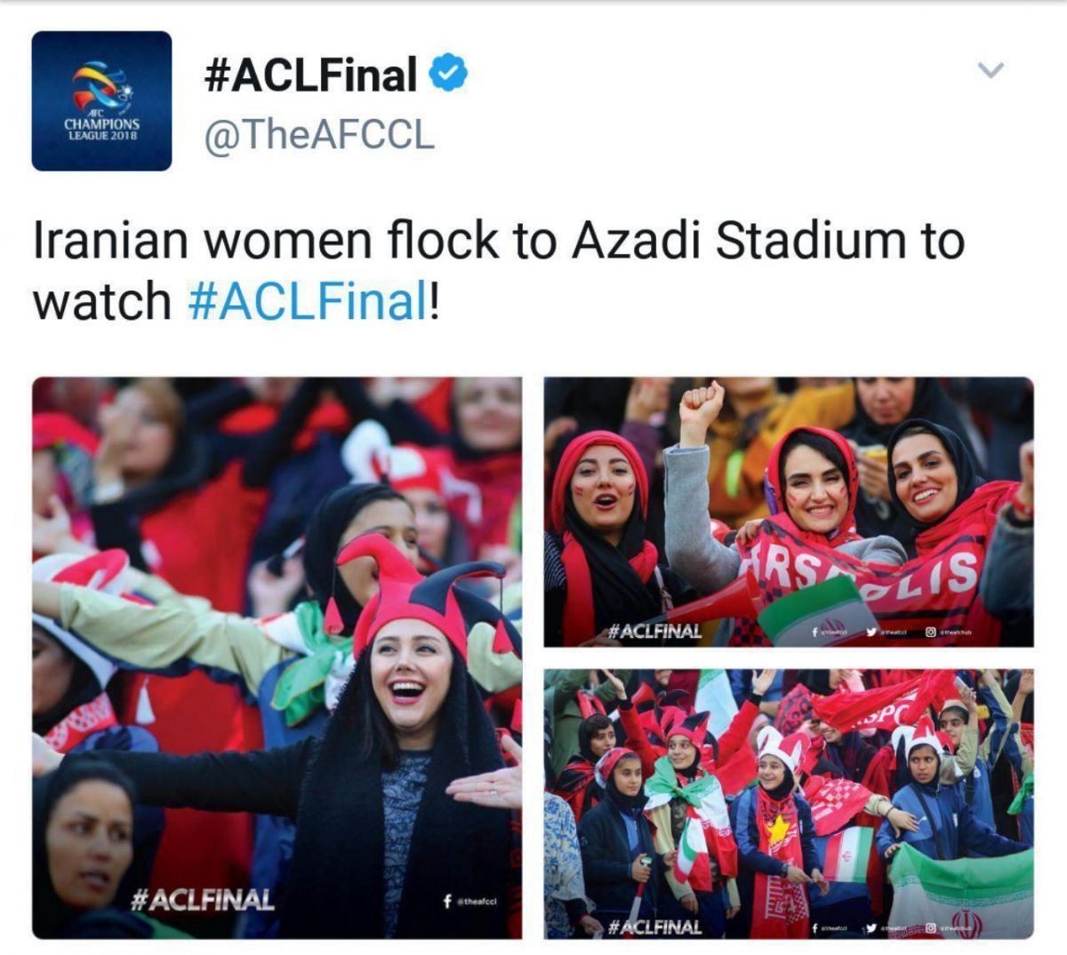 صفحه رسمی توییتر لیگ قهرمانان آسیا با انتشار عکسی به حضور بانوان ایرانی در ورزشگاه آزادی واکنش نشان داد و نوشت: بانوان ایرانی برای تماشای فینال لیگ قهرمانان آسیا به ورزشگاه آزادی می روند!