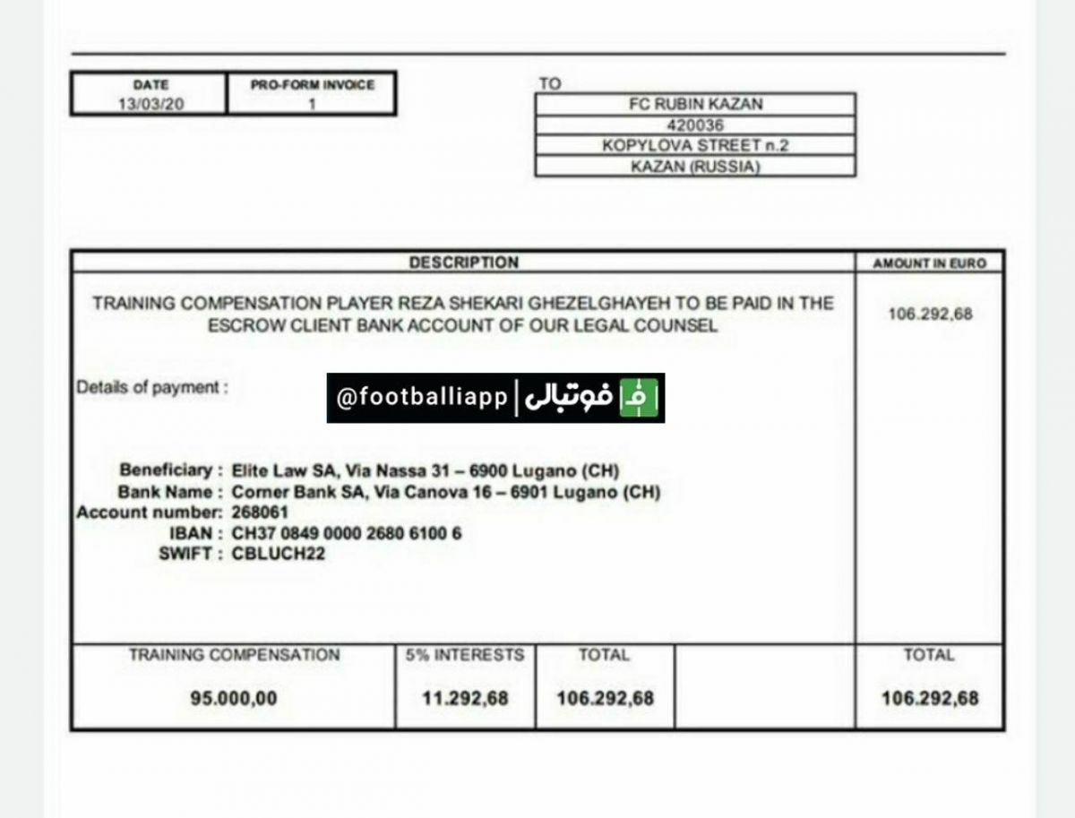 سعید آذری مدیرعامل فولادخوزستان خبر از پرداخت 106 هزار یورو توسط باشگاه روبین کازان بابت حق آموزش(حق رشد) رضا شکاری  به باشگاه ذوب‌آهن داد.
