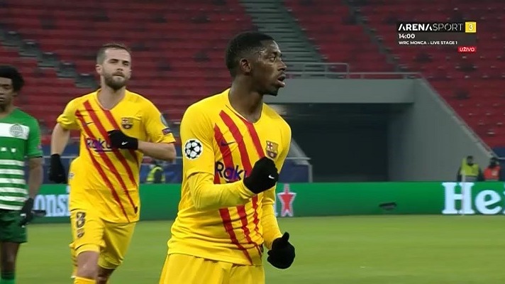 گل سوم بارسلونا به فرانس واروش (دمبله - پنالتی)