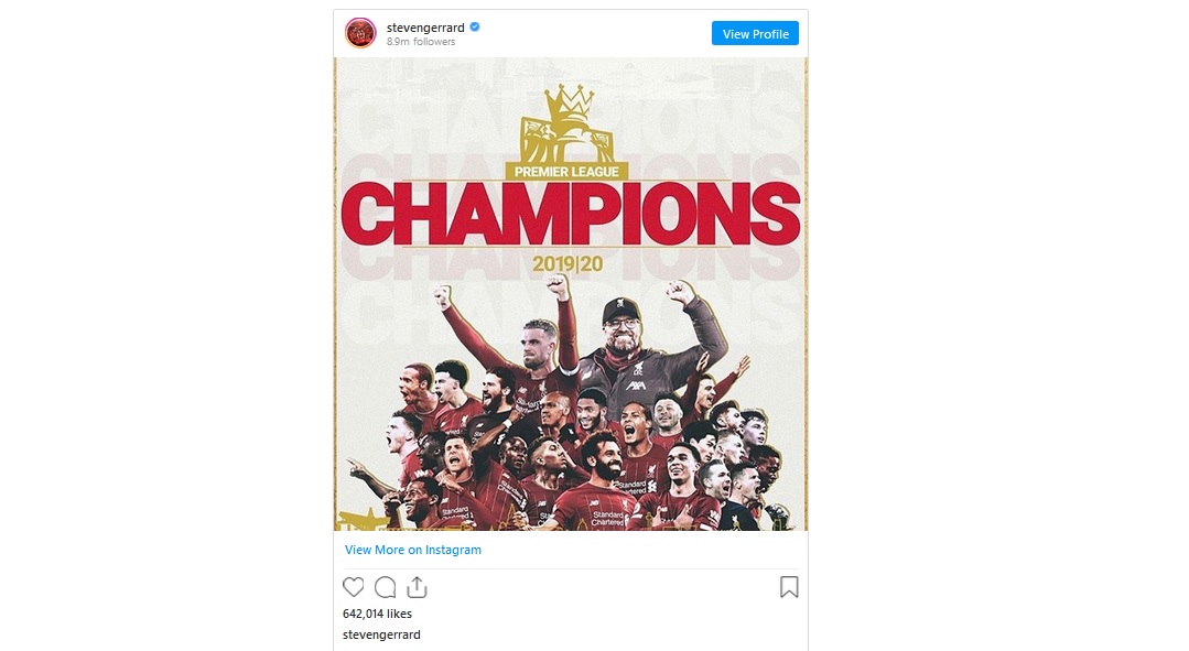 * استیون جرارد پس از این قهرمانی در اینستاگرام خود نوشت: تبریک به تمام هواداران لیورپول بابت قهرمانی در لیگ برتر انگلیس. دستاوردی بسیار مهم که با کمک بازیکنانی فوقالعاده و تیم خوب کادرفنی تیم به دست آمد. پس از ۳۰ سال چنین موفقیتی برای هواداران بسیار مهم است. بیایید جشن بگیریم.