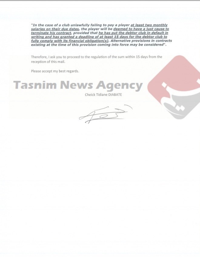 نامه دیاباته به باشگاه استقلال: پولم را ندهید قراردادم را فسخ میکنم