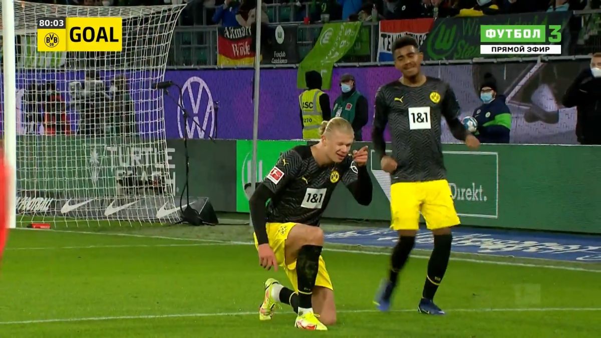 گل سوم دورتموند به وولفسبورگ (ارلینگ هالند)