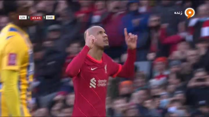 گل دوم لیورپول به شروزبری (فابینیو - پنالتی)