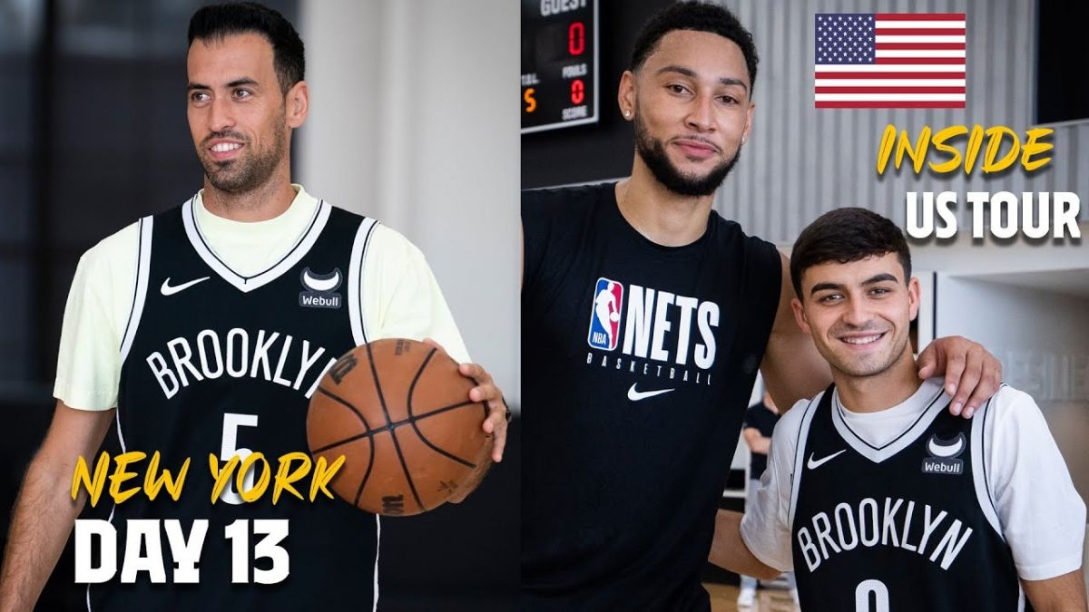 تمرین بسکتبال بازیکنان بارسلونا با بسکتبالیست های تیم بروکلین نتس