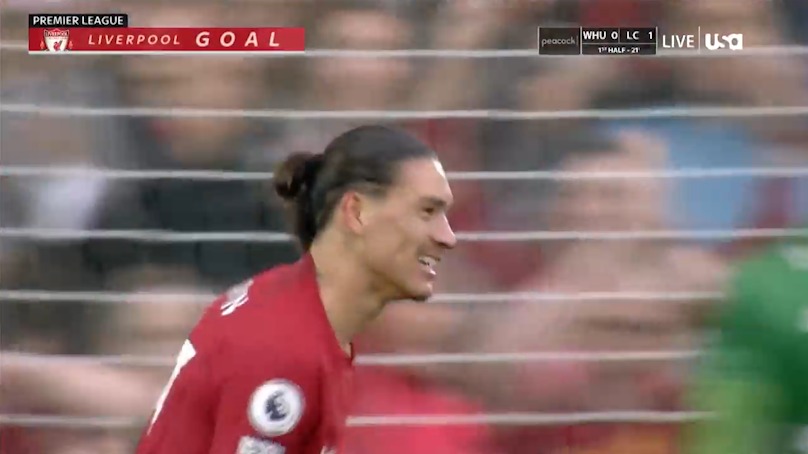 گل دوم لیورپول به ساوتهمپتون (داروین نونیز)