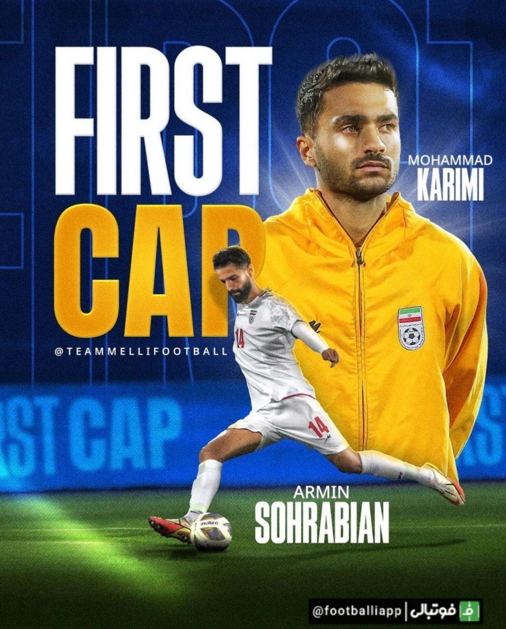 پوستر/ پوستر صفحه رسمی تیم ملی ایران برای آرمین سهرابیان و محمد کریمی دو بازیکنی که در دیدار شب گذشته تیم ملی ایران و کنیا برای اولین بار در ترکیب تیم ملی ایران قرار گرفتند